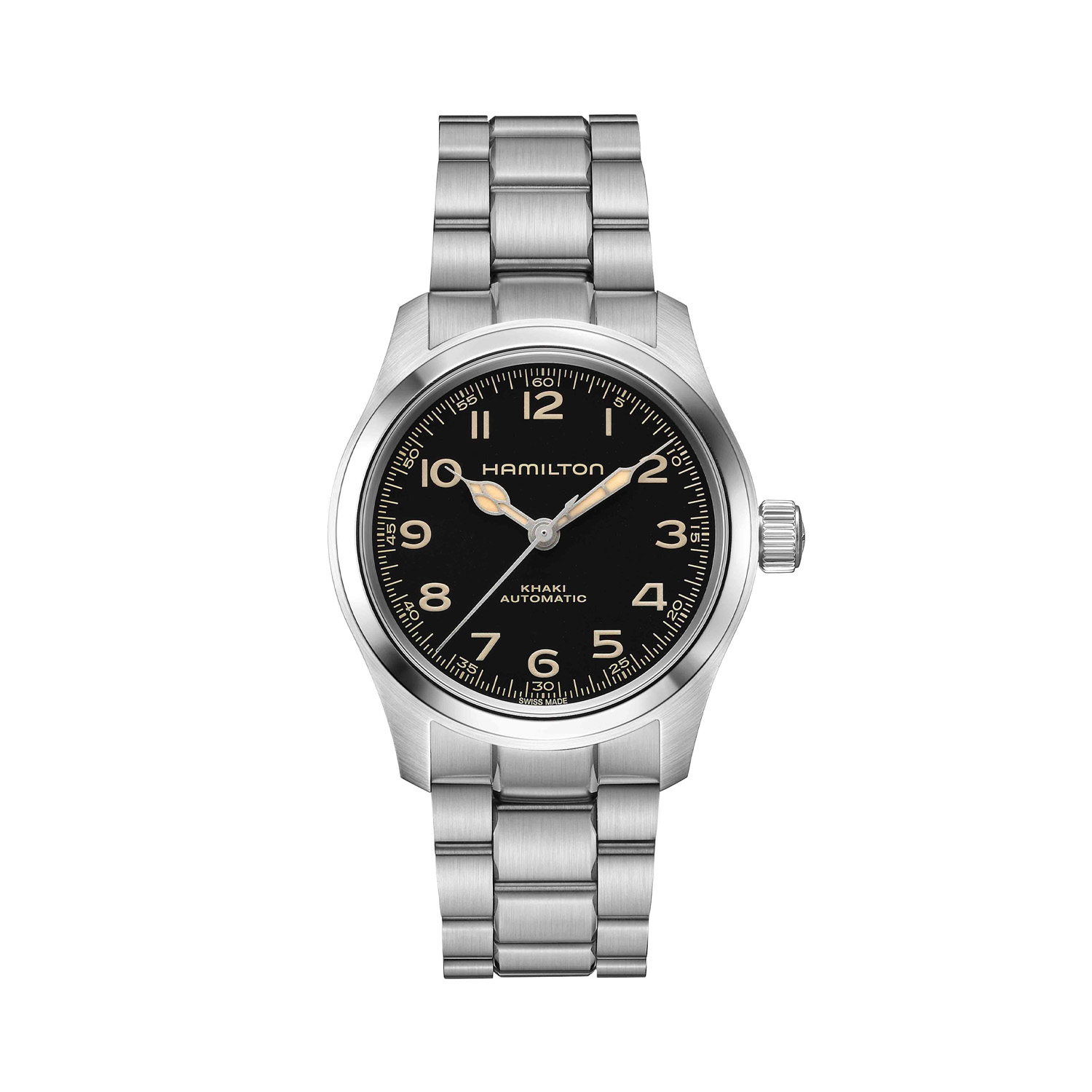 Hamilton, Khaki Field Murph with a 38mm stainless steel dial and bracelet strap featuring a black arabic numeral dial.