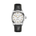 Hamilton, Khaki Field Murph with a 38mm stainless steel case and a black leather strap featuring a white arabic numeral dial.