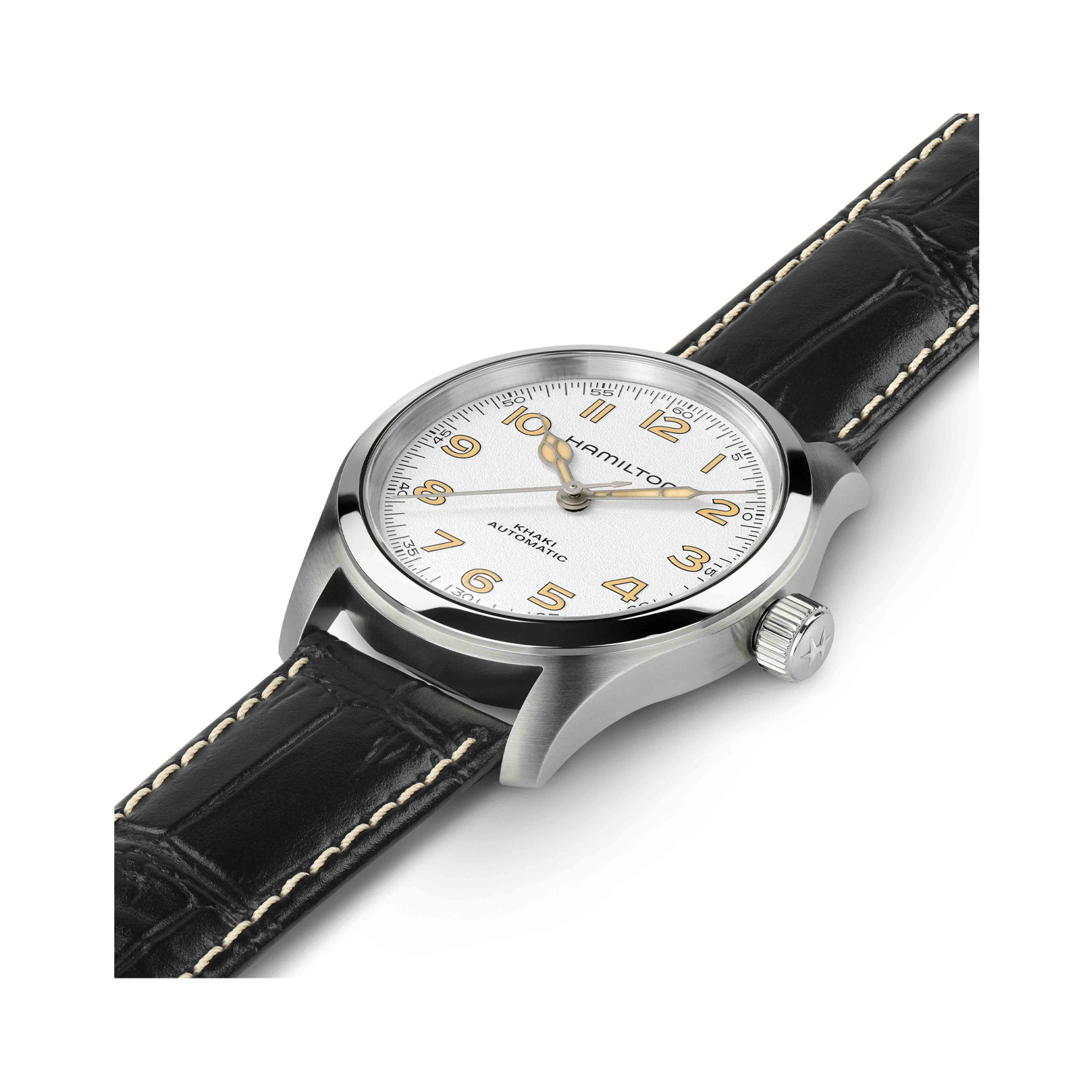 Hamilton, Khaki Field Murph with a 38mm stainless steel case and a black leather strap featuring a white arabic numeral dial.