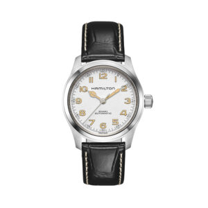 Hamilton, Khaki Field Murph with a 38mm stainless steel case and a black leather strap featuring a white arabic numeral dial.