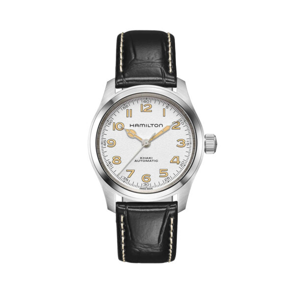 Hamilton, Khaki Field Murph with a 38mm stainless steel case and a black leather strap featuring a white arabic numeral dial.