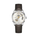 Hamilton, Jazzmaster Open Heart with a 40mm stainless steel case and a brown leather strap featuring a silver open heart dial.