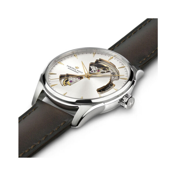Hamilton, Jazzmaster Open Heart with a 40mm stainless steel case and a brown leather strap featuring a silver open heart dial.