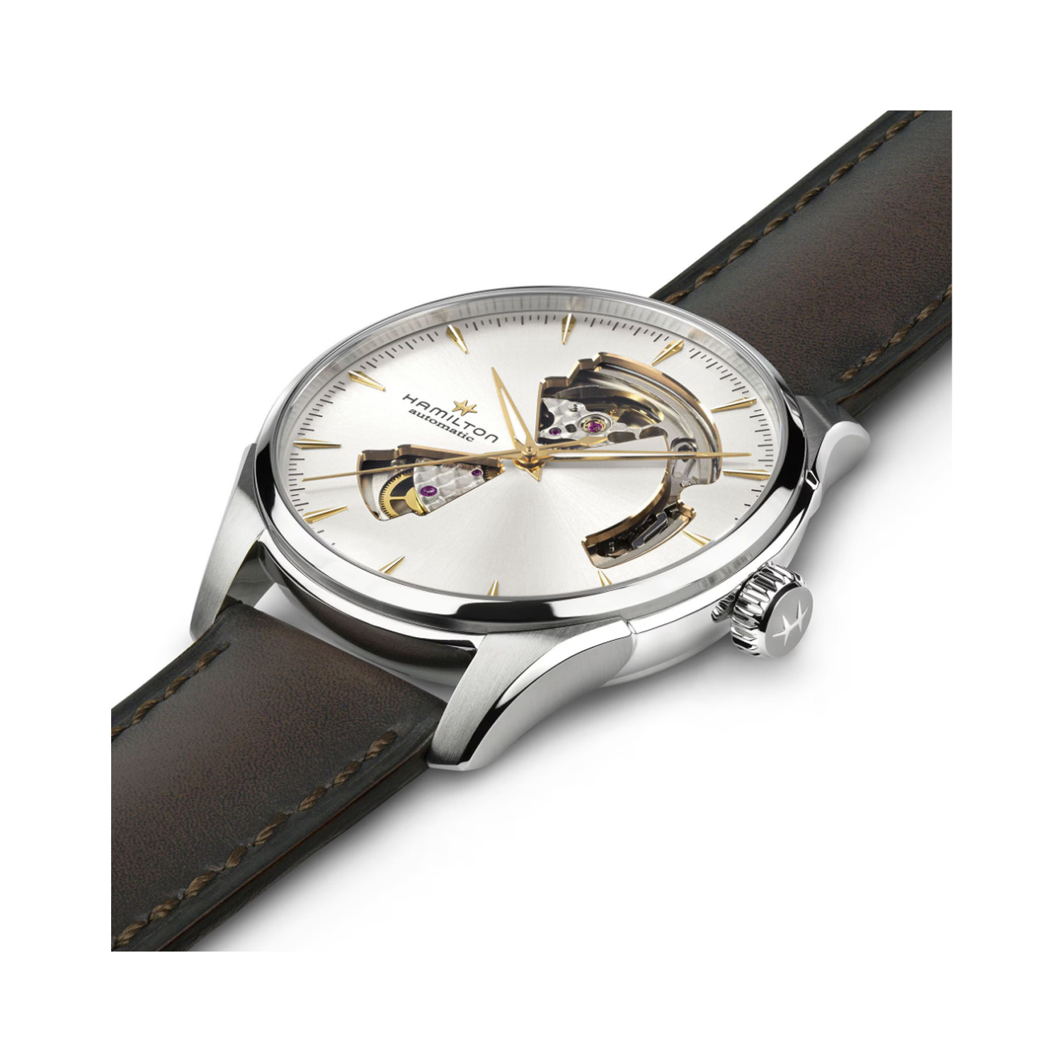 Hamilton, Jazzmaster Open Heart Silver, Automatic Men's Watch Hamilton, Jazzmaster Open Heart with a 40mm stainless steel case and a brown leather strap featuring a silver open heart dial.