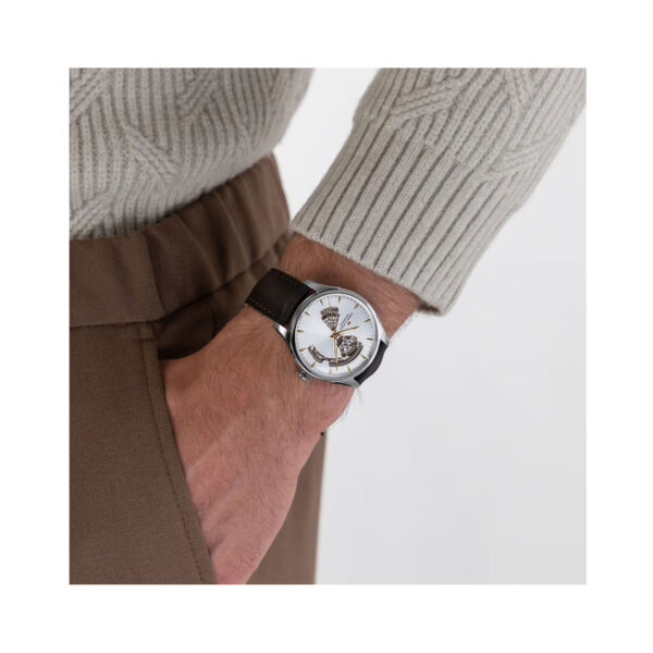 Hamilton, Jazzmaster Open Heart with a 40mm stainless steel case and a brown leather strap featuring a silver open heart dial.