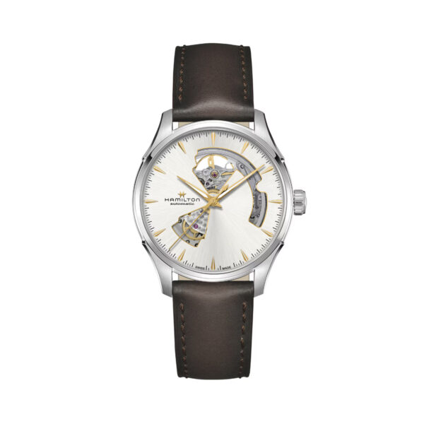 Hamilton, Jazzmaster Open Heart with a 40mm stainless steel case and a brown leather strap featuring a silver open heart dial.