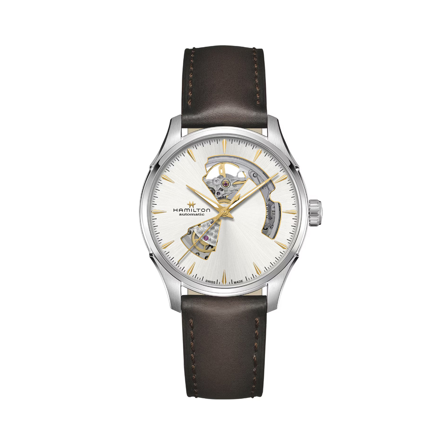 Hamilton, Jazzmaster Open Heart Silver, Automatic Men's Watch Hamilton, Jazzmaster Open Heart with a 40mm stainless steel case and a brown leather strap featuring a silver open heart dial.