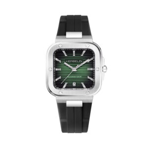 Herbelin, Cap Camarat Square with a 39mm stainless steel case and a black rubber strap featuring a date function with a green dial.