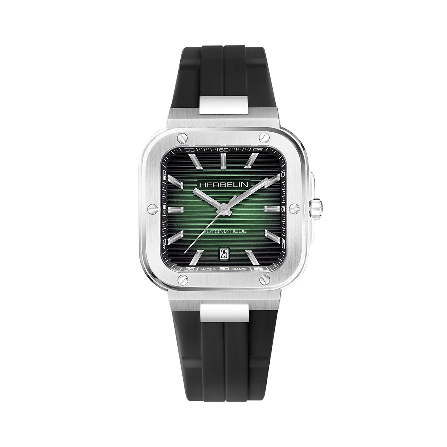 Herbelin, Cap Camarat Square with a 39mm stainless steel case and a black rubber strap featuring a date function with a green dial.