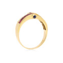 18ct Yellow Gold Ruby & Diamond Ring with Cabochon Sapphires An 18ct yellow gold ring with square cut rubies, round brilliant cut diamonds and cabochon sapphires set to the side.