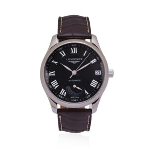 Longines, Master Collection Power Reserve with a 42mm stainless steel case and a black alligator leather strap featuring a date function and power reserve indicator on a black dial.