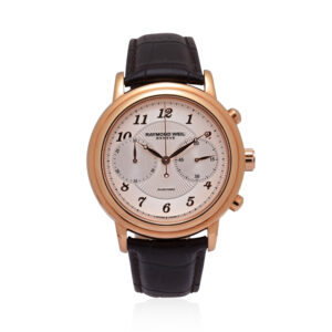 Raymond Weil, Maestro with a 41.5mm stainless steel rose gold PVD coated case and a leather strap featuring a chronograph and a silver dial.