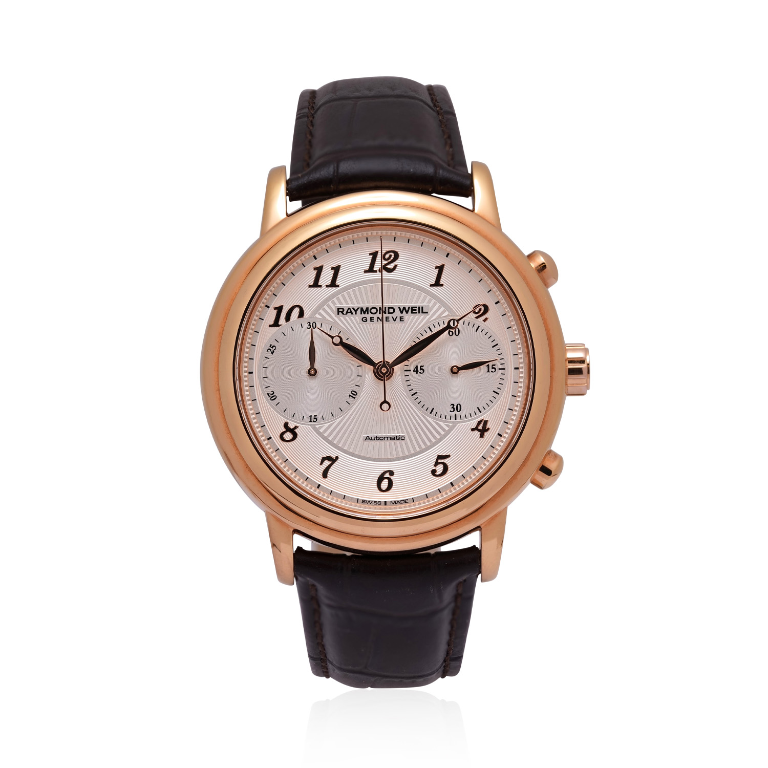 Raymond Weil, Maestro Silver, Automatic Men's Watch Raymond Weil, Maestro with a 41.5mm stainless steel rose gold PVD coated case and a leather strap featuring a chronograph and a silver dial.