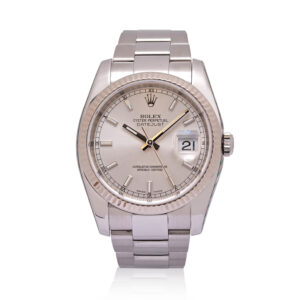 Rolex, Datejust 36 with a 36mm white Rolesor case with an Oyster bracelet featuring a date function and a silver dial with fluted bezel.