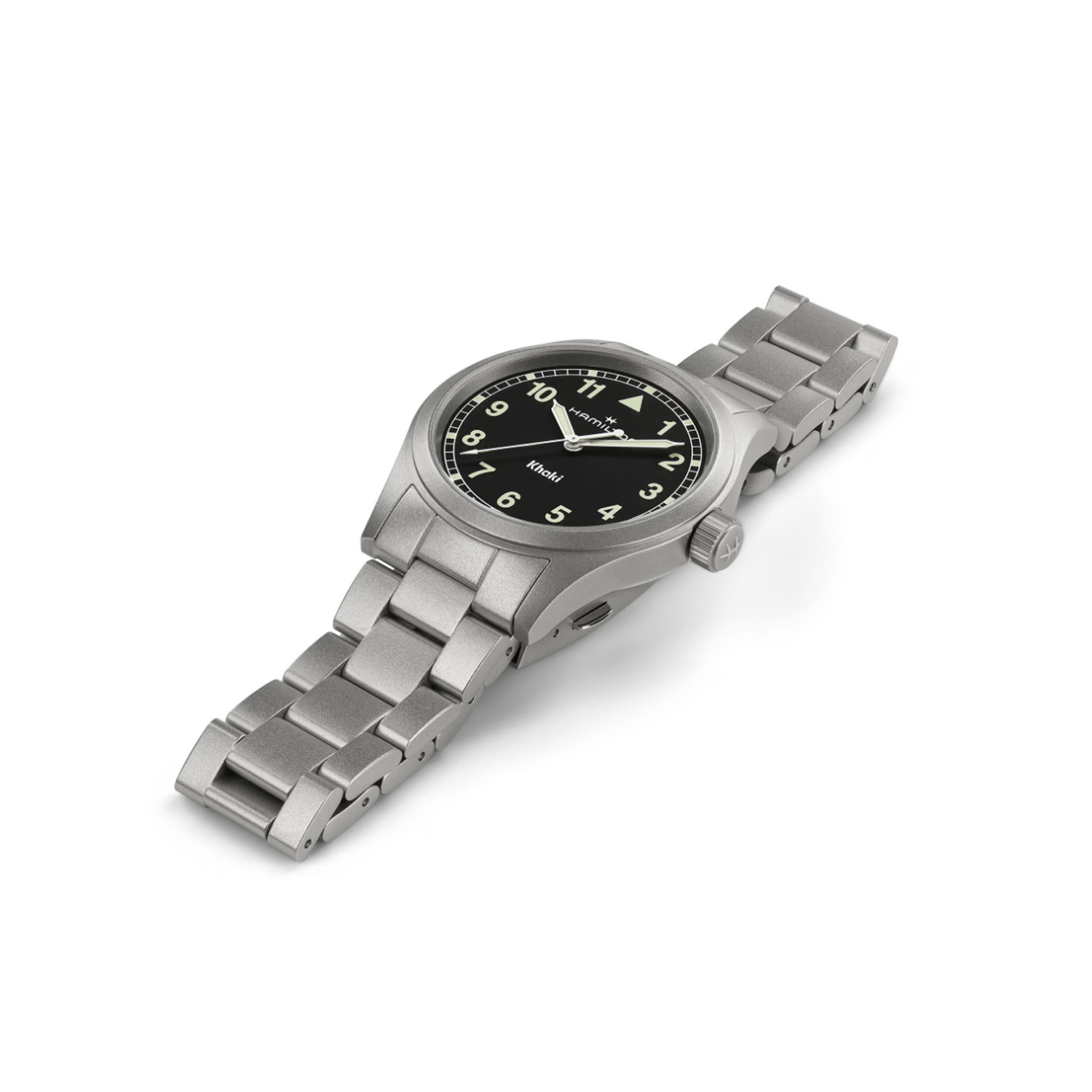 Hamilton, Khaki Field with a 38mm stainless steel case and bracelet strap featuring a black arabic dial.