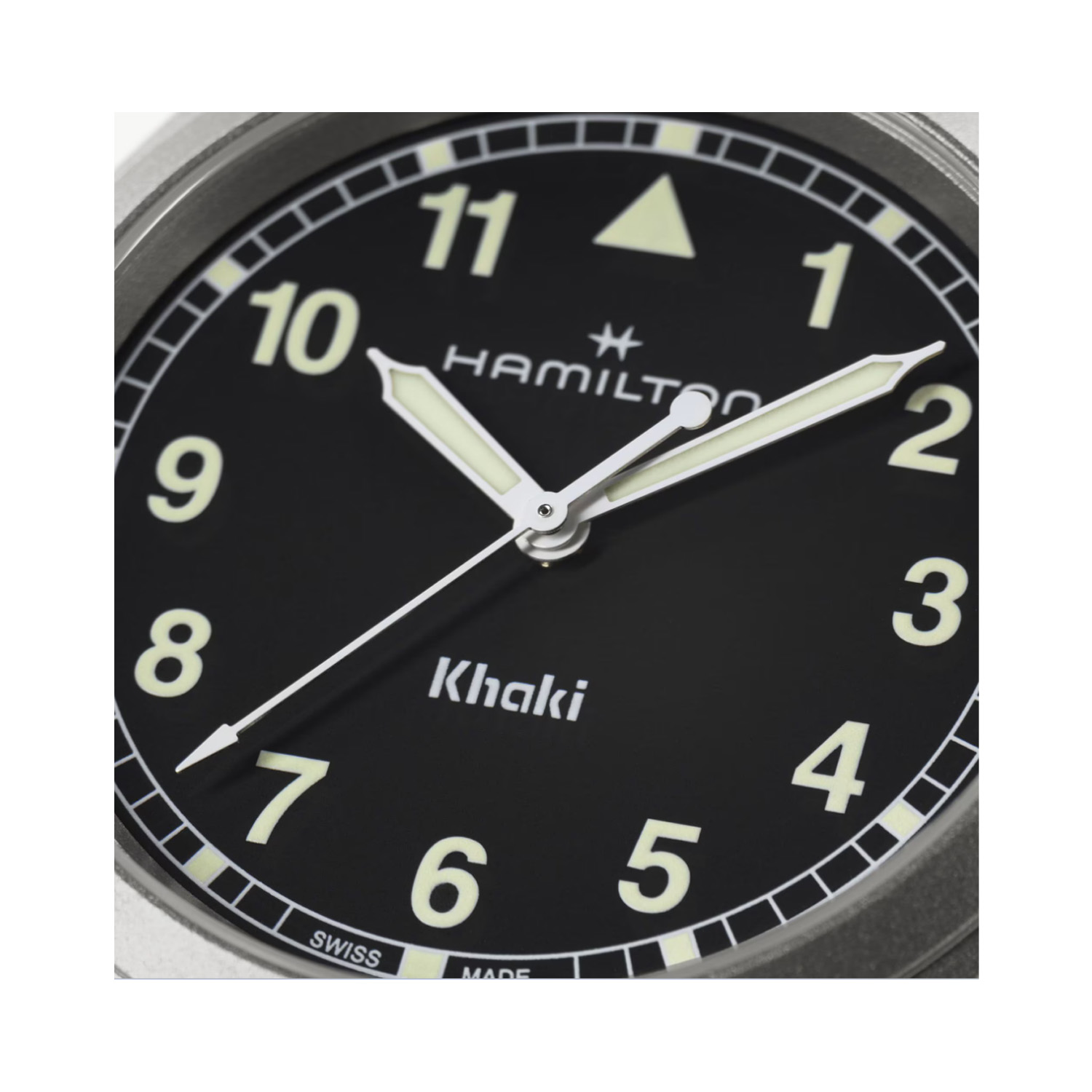 Hamilton, Khaki Field with a 38mm stainless steel case and bracelet strap featuring a black arabic dial.