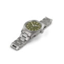 Hamilton, Khaki Field with a 38mm stainless steel case and bracelet strap featuring a green arabic numeral dial.