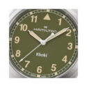 Hamilton, Khaki Field with a 38mm stainless steel case and bracelet strap featuring a green arabic numeral dial.