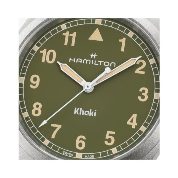 Hamilton, Khaki Field with a 38mm stainless steel case and bracelet strap featuring a green arabic numeral dial.