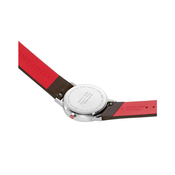 Mondaine, Classic with a 30mm stainless steel case and a brown vegan grape leather strap featuring white dial.