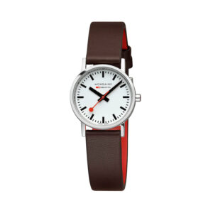 Mondaine, Classic with a 30mm stainless steel case and a brown vegan grape leather strap featuring white dial.