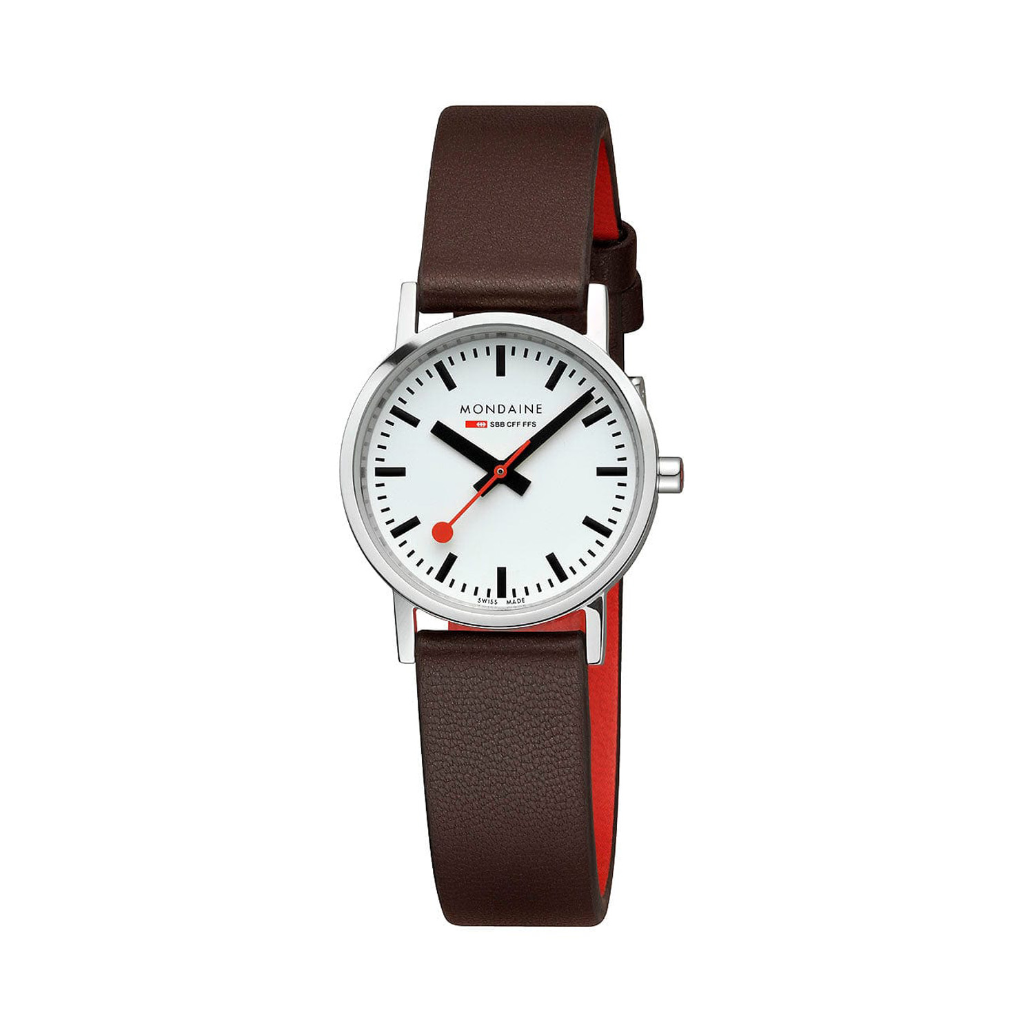 Mondaine, Classic Brown Strap, Quartz Unisex Watch Mondaine, Classic with a 30mm stainless steel case and a brown vegan grape leather strap featuring white dial.