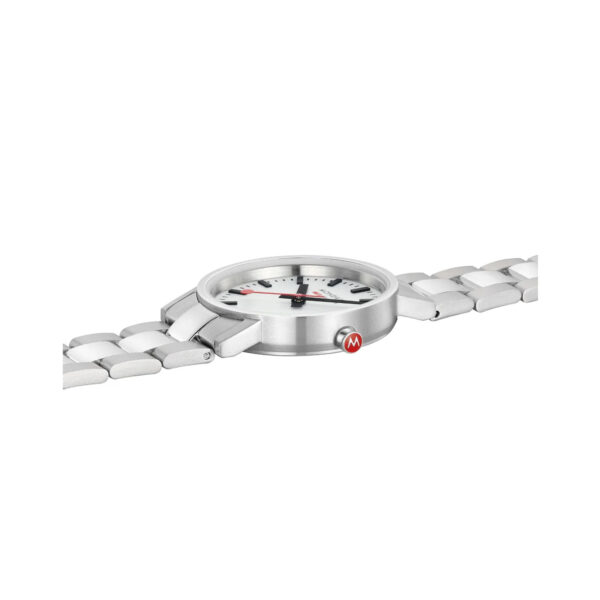 Mondaine, Classic with a 30mm stainless steel case and bracelet strap featuring a white dial.