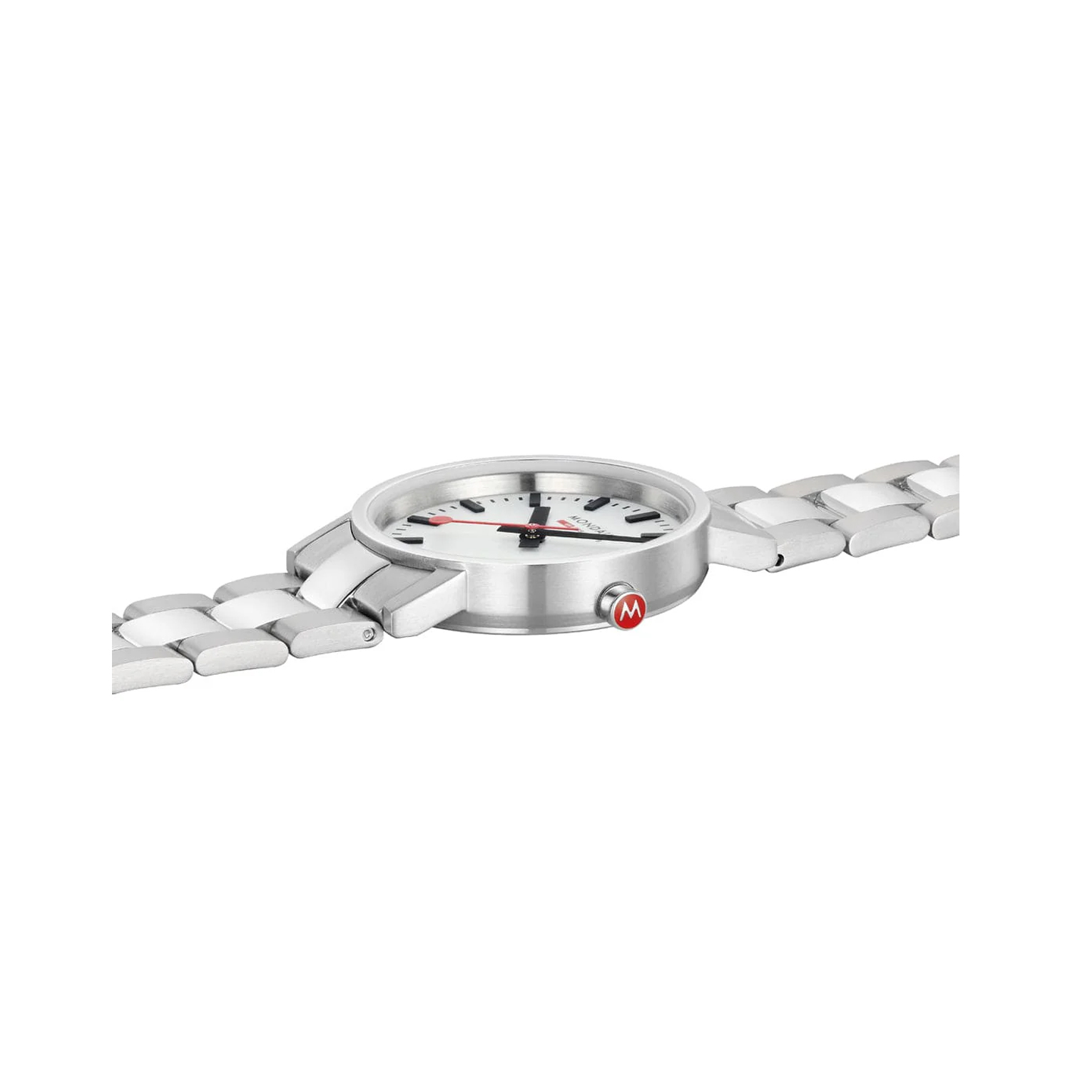 Mondaine, Classic White, Quartz Women's Watch Mondaine, Classic with a 30mm stainless steel case and bracelet strap featuring a white dial.