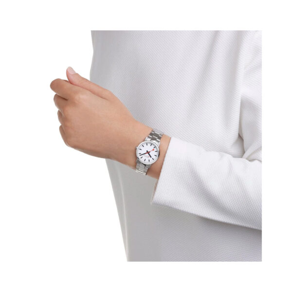 Mondaine, Classic with a 30mm stainless steel case and bracelet strap featuring a white dial.