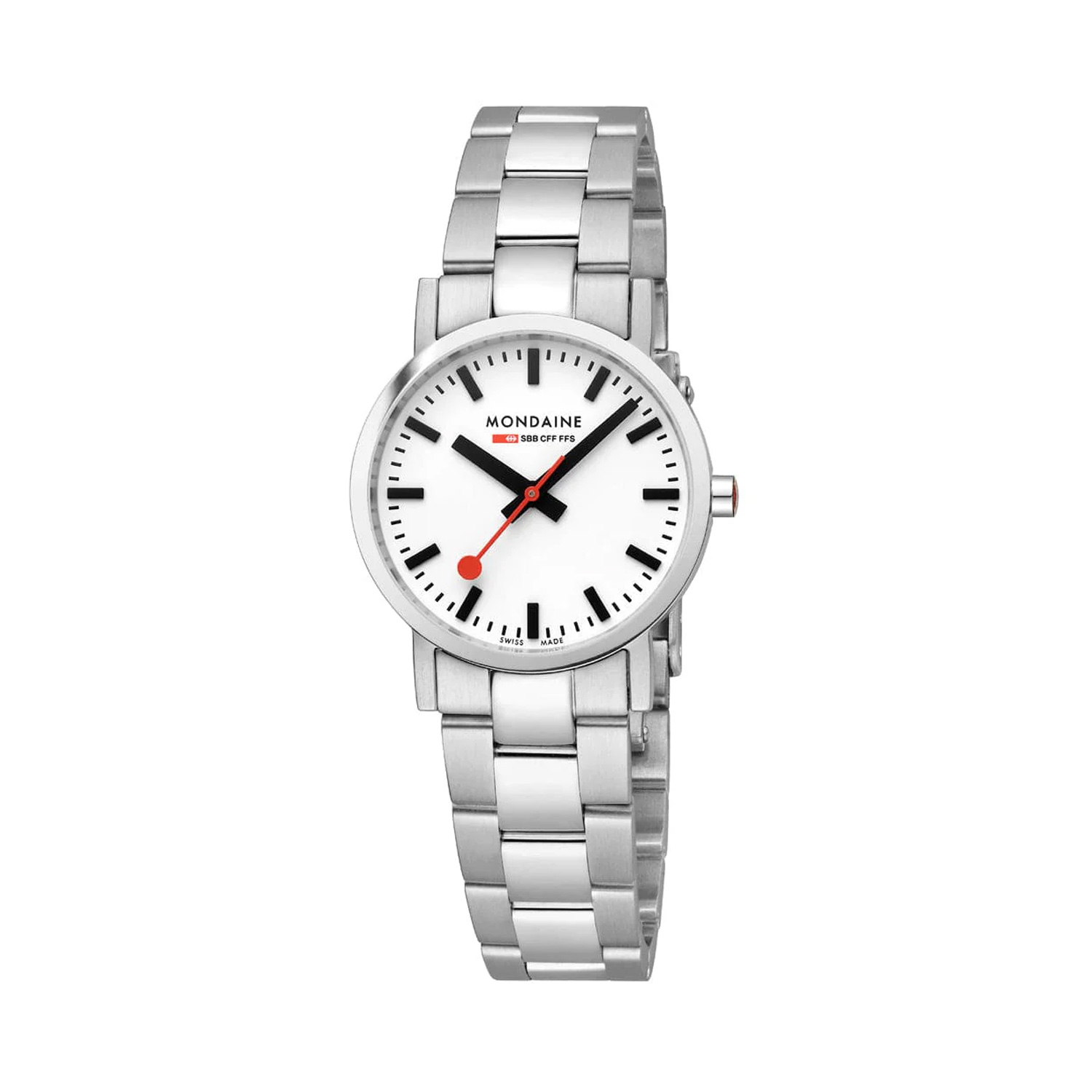 Mondaine, Classic White, Quartz Women's Watch Mondaine, Classic with a 30mm stainless steel case and bracelet strap featuring a white dial.