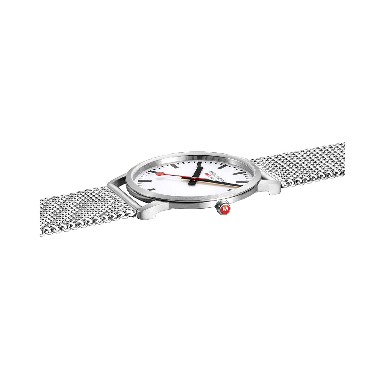 Mondaine, Simply Elegant with a 40mm stainless steel case and bracelet strap featuring a white dial.