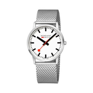 Mondaine, Simply Elegant with a 40mm stainless steel case and bracelet strap featuring a white dial.