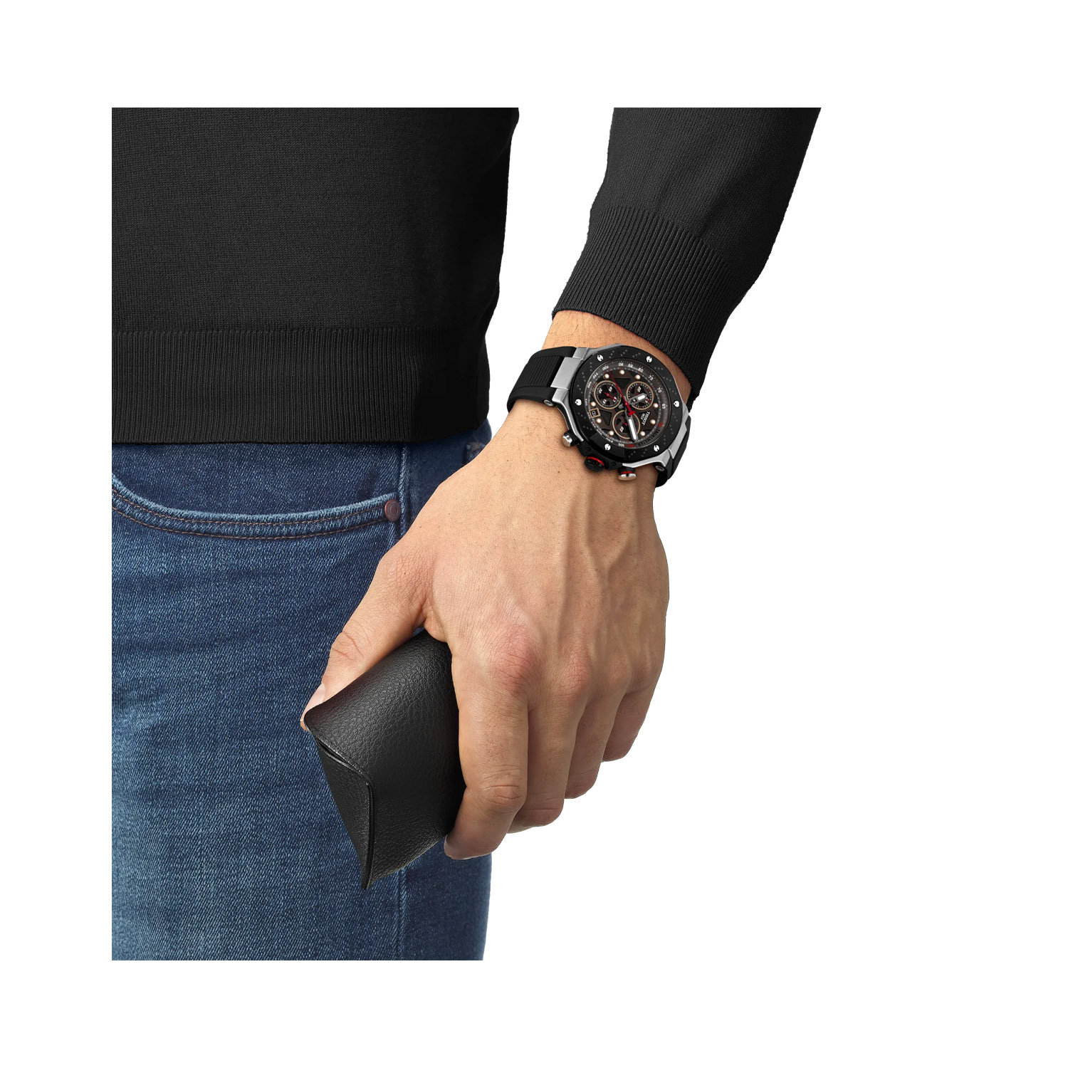 Tissot, T-Race MotoGP Chronograph with a 45mm stainless steel black PVD coated case and a black silicone strap featuring a date function, chronograph and a dark grey dial.