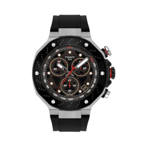 Tissot, T-Race MotoGP Chronograph with a 45mm stainless steel black PVD coated case and a black silicone strap featuring a date function, chronograph and a dark grey dial.