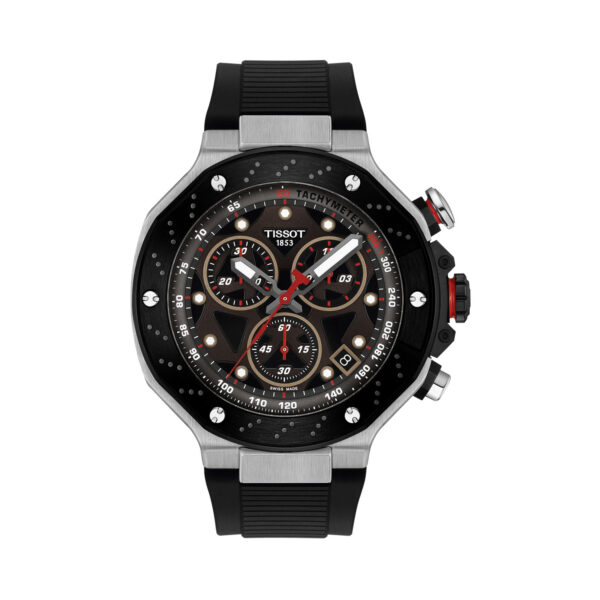 Tissot, T-Race MotoGP Chronograph with a 45mm stainless steel black PVD coated case and a black silicone strap featuring a date function, chronograph and a dark grey dial.