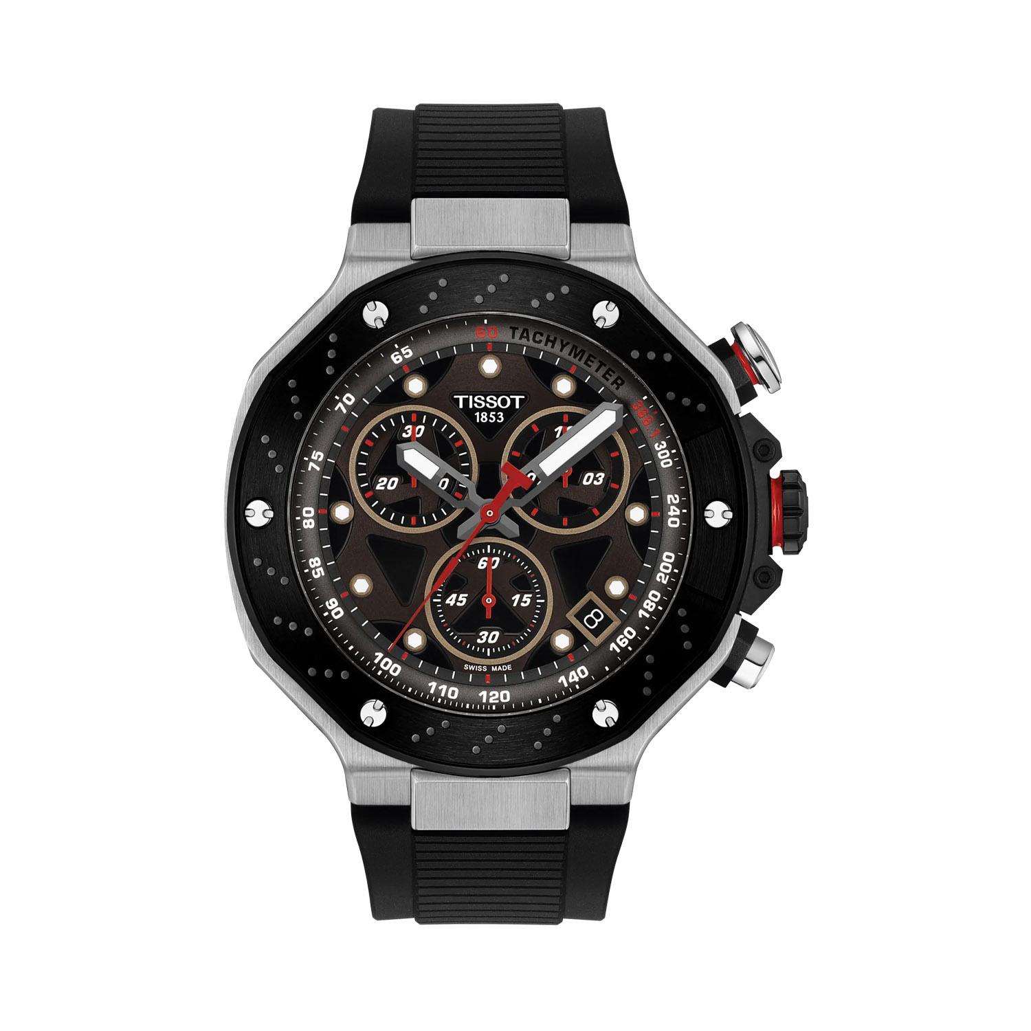 Tissot, T-Race MotoGP Chronograph with a 45mm stainless steel black PVD coated case and a black silicone strap featuring a date function, chronograph and a dark grey dial.