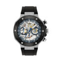 Tissot, T-Race MotoGP Chronograph Limited Edition with a 45mm stainless steel case with black PVD coating and a black silicone strap featuring a chronograph and a transparent skeleton dial.
