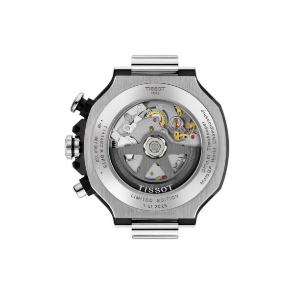 Tissot, T-Race MotoGP Chronograph Limited Edition with a 45mm stainless steel case with black PVD coating and a black silicone strap featuring a chronograph and a transparent skeleton dial.