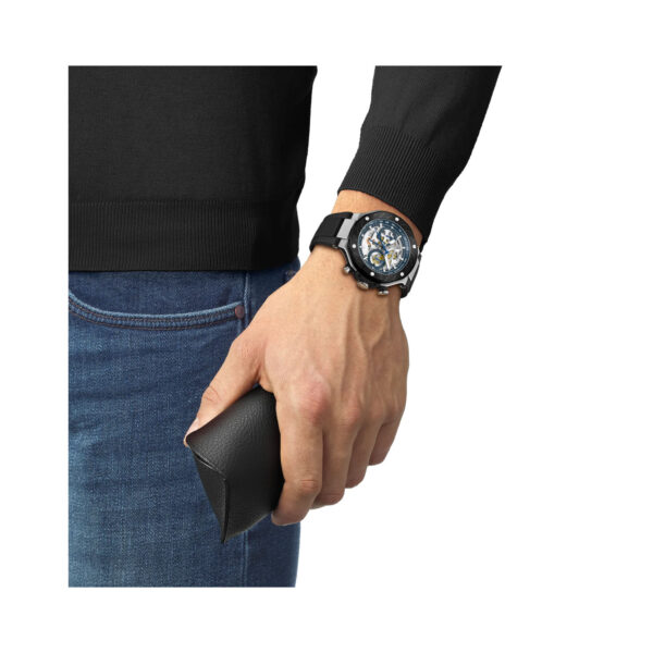 Tissot, T-Race MotoGP Chronograph Limited Edition with a 45mm stainless steel case with black PVD coating and a black silicone strap featuring a chronograph and a transparent skeleton dial.