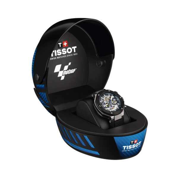 Tissot, T-Race MotoGP Chronograph Limited Edition with a 45mm stainless steel case with black PVD coating and a black silicone strap featuring a chronograph and a transparent skeleton dial.