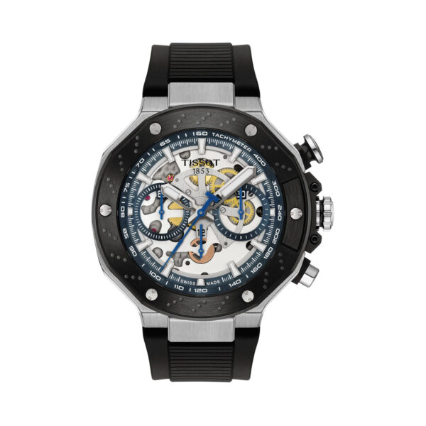 Tissot, T-Race MotoGP Chronograph Limited Edition with a 45mm stainless steel case with black PVD coating and a black silicone strap featuring a chronograph and a transparent skeleton dial.