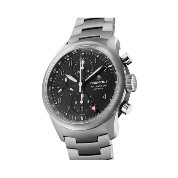 Bremont, Altitude Chronograph GMT with a 42mm stainless steel case and bracelet strap featuring a date function, chronograph and a black dial.