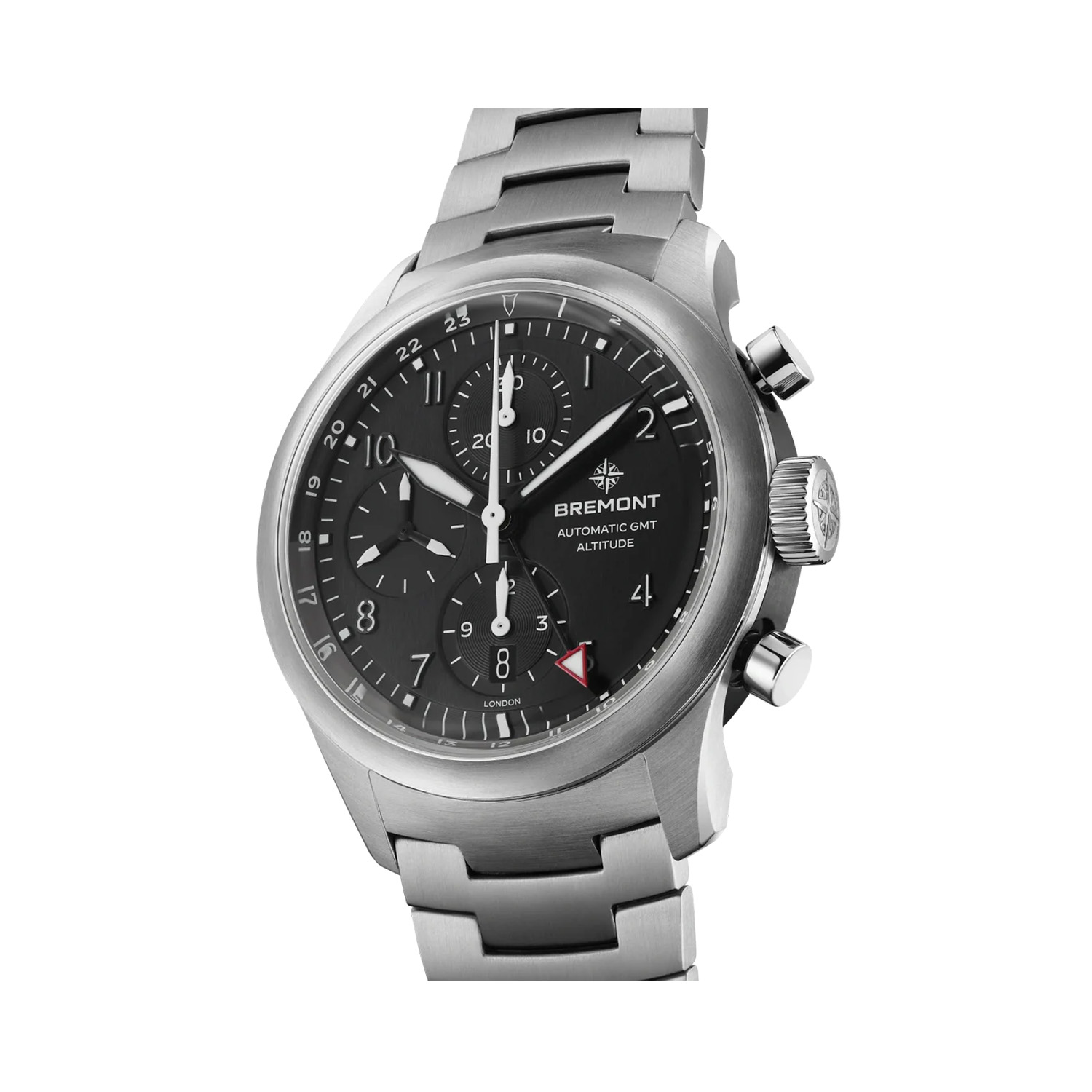 Bremont, Altitude Chronograph GMT, Automatic Men's Watch Bremont, Altitude Chronograph GMT with a 42mm stainless steel case and bracelet strap featuring a date function, chronograph and a black dial.