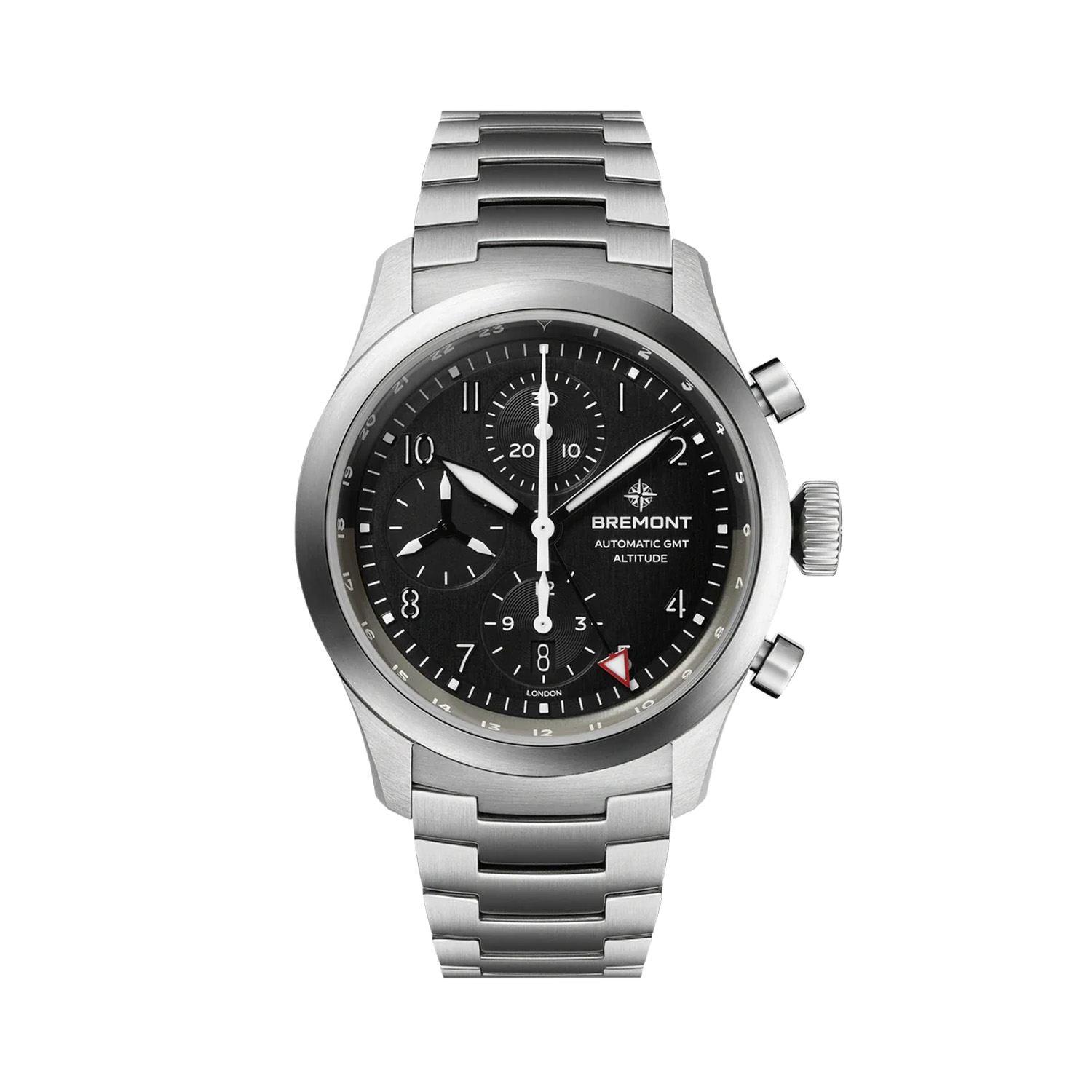 Bremont, Altitude Chronograph GMT, Automatic Men's Watch Bremont, Altitude Chronograph GMT with a 42mm stainless steel case and bracelet strap featuring a date function, chronograph and a black dial.