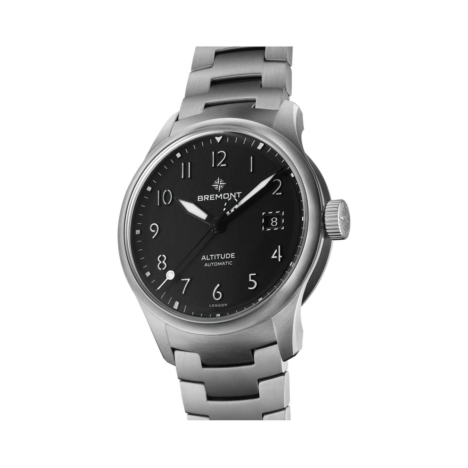 Bremont, Altitude 39 Date with a 39mm stainless steel case and bracelet strap featuring a date function with a black dial.