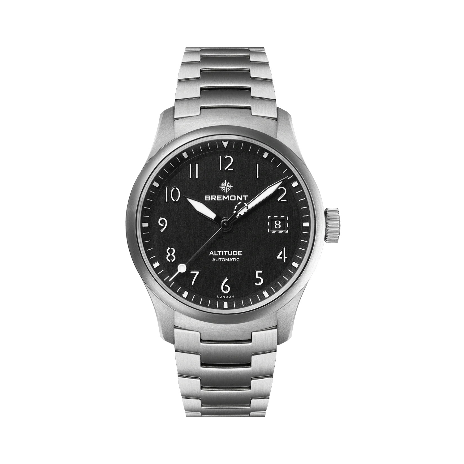 Bremont, Altitude 39 Date with a 39mm stainless steel case and bracelet strap featuring a date function with a black dial.