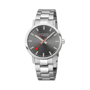 Mondaine, Classic Grey Sunray with a 40mm stainless steel case and bracelet strap featuring a grey sunray dial.