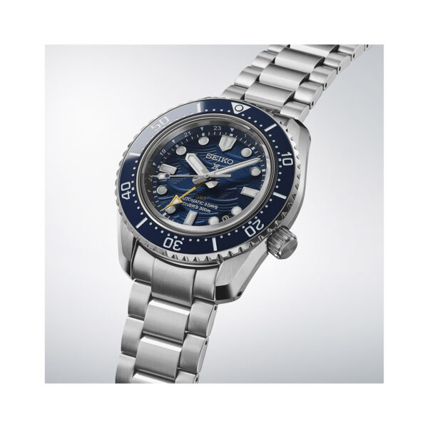 Seiko, Prospex 1968 Heritage Diver’s GMT 60th Anniversary Limited Edition with a 42mm stainless steel case and bracelet strap featuring a date and GMT function with a blue wave patterned dial and navy blue bezel.