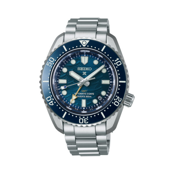 Seiko, Prospex 1968 Heritage Diver’s GMT 60th Anniversary Limited Edition with a 42mm stainless steel case and bracelet strap featuring a date and GMT function with a blue wave patterned dial and navy blue bezel.