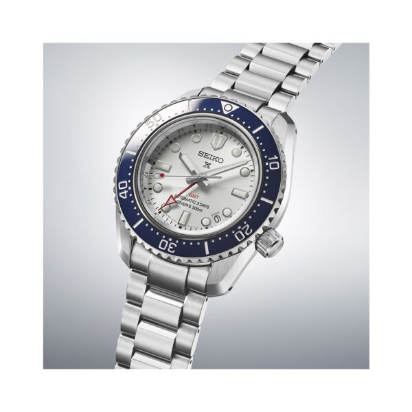 Seiko, Prospex 1968 Heritage Diver’s GMT 60th Anniversary with a 42mm stainless steel case and bracelet strap featuring a date and GMT function with a white dial and navy blue bezel.